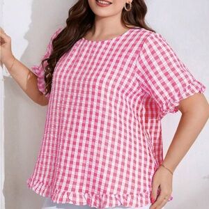 Pink Gingham Ruffle Sleeve Blouse